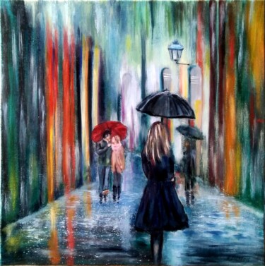 Malerei mit dem Titel "Rainy evening - Gir…" von Liubov Samoilova, Original-Kunstwerk, Öl