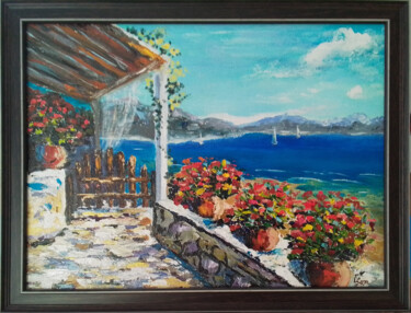 Malarstwo zatytułowany „Terrace over the sea” autorstwa Любовь Самойлова, Oryginalna praca, Olej