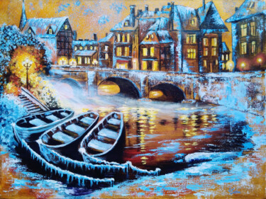 Painting titled "Winter evening in a…" by Liubov Samoilova, Original Artwork, Oil Mounted on Wood Stretcher frame