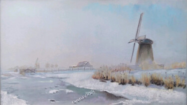 Painting titled "Dutch mills - winte…" by Liubov Samoilova, Original Artwork, Pastel