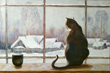 Painting titled "The village cat is…" by Liubov Samoilova, Original Artwork, Oil Mounted on Wood Stretcher frame