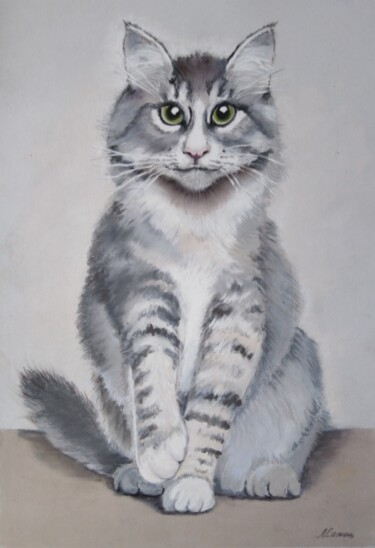 Pintura intitulada "Fluffy gray cat" por Liubov Samoilova, Obras de arte originais, Pastel