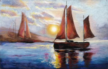 Pintura intitulada "Sailboats at sunset" por Liubov Samoilova, Obras de arte originais, Óleo