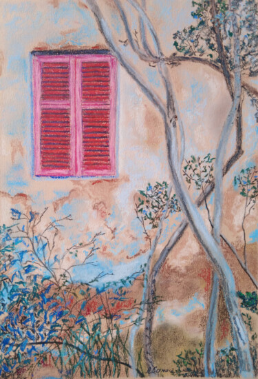 Malerei mit dem Titel "Window with pink bl…" von Liubov Samoilova, Original-Kunstwerk, Pastell