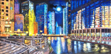 Painting titled "View of the Chicago…" by Liubov Samoilova, Original Artwork, Oil Mounted on Wood Stretcher frame