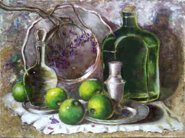 Pittura intitolato "Emerald apples" da Liubov Samoilova, Opera d'arte originale, Olio Montato su Altro pannello rigido