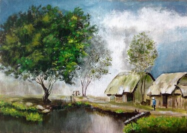 Painting titled "A village in Asia" by Liubov Samoilova, Original Artwork, Acrylic Mounted on Other rigid panel