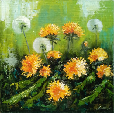 Painting titled "Blooming dandelions" by Liubov Samoilova, Original Artwork, Oil Mounted on Other rigid panel