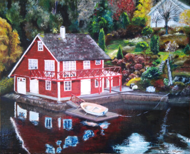 Painting titled "Norwegian house at…" by Liubov Samoilova, Original Artwork, Oil Mounted on Other rigid panel