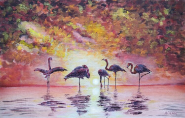 Pintura titulada "African flamingos a…" por Liubov Samoilova, Obra de arte original, Acrílico Montado en Otro panel rígido