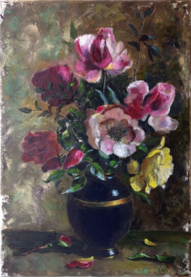 Painting titled "Vase with roses - p…" by Liubov Samoilova, Original Artwork, Oil Mounted on Wood Stretcher frame