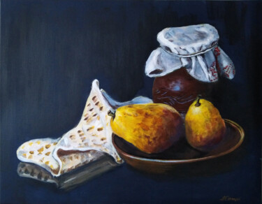 Painting titled "Yellow pears - mode…" by Liubov Samoilova, Original Artwork, Acrylic Mounted on Cardboard