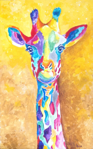 Pittura intitolato "Cheerful giraffe" da Liubov Samoilova, Opera d'arte originale, Acrilico Montato su Cartone