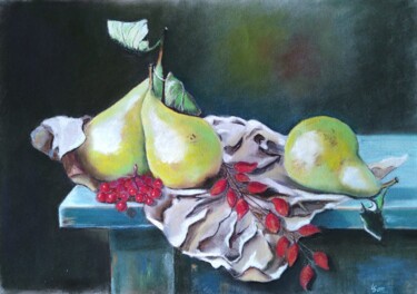 Painting titled "Pears are on the ta…" by Liubov Samoilova, Original Artwork, Pastel