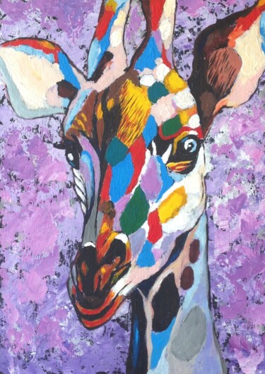 Schilderij getiteld "Lilac giraffe" door Liubov Samoilova, Origineel Kunstwerk, Acryl Gemonteerd op Karton