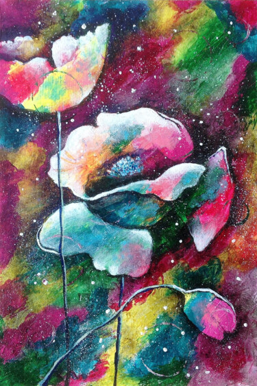 Painting titled "Space Poppies" by Liubov Samoilova, Original Artwork, Acrylic Mounted on Cardboard