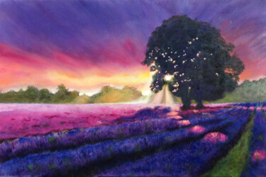 Painting titled "Lavender field at s…" by Liubov Samoilova, Original Artwork, Oil Mounted on Wood Stretcher frame