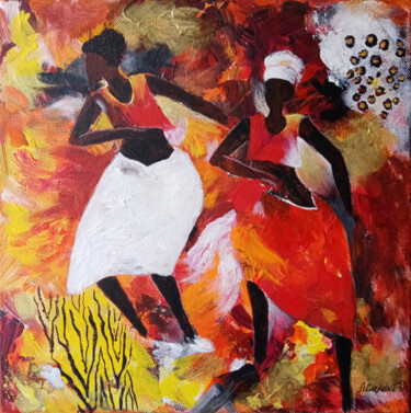 Painting titled "African dancing by…" by Liubov Samoilova, Original Artwork, Acrylic Mounted on Wood Stretcher frame