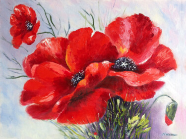 Painting titled "Scarlet poppies" by Liubov Samoilova, Original Artwork, Oil Mounted on Cardboard