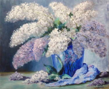 Painting titled "Fragrant lilacs" by Liubov Samoilova, Original Artwork, Oil Mounted on Wood Stretcher frame