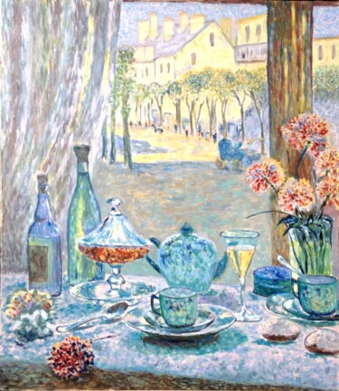 Painting titled "Breakfast by the wi…" by Liubov Samoilova, Original Artwork, Oil Mounted on Cardboard