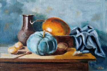 Painting titled "Multicoloured pumpk…" by Liubov Samoilova, Original Artwork, Oil Mounted on Other rigid panel