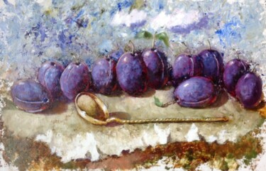 Painting titled "Dark Blue Plums" by Liubov Samoilova, Original Artwork, Oil Mounted on Other rigid panel