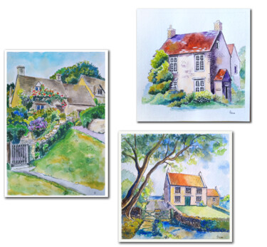 Painting titled "Three rural houses" by Liubov Samoilova, Original Artwork, Watercolor