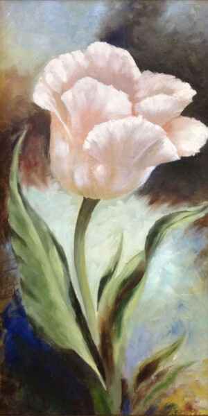 Painting titled "Big pale pink tulip" by Liubov Samoilova, Original Artwork, Oil Mounted on Wood Stretcher frame