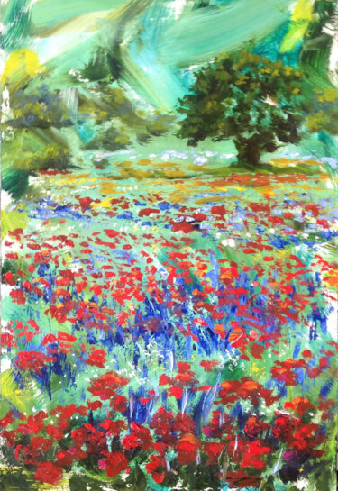 Painting titled "Field with poppies" by Liubov Samoilova, Original Artwork, Oil Mounted on Other rigid panel