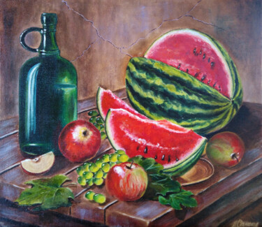 Painting titled "Watermelon, apples…" by Liubov Samoilova, Original Artwork, Oil Mounted on Other rigid panel