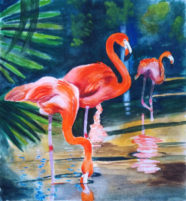 Painting titled "Flamingos" by Liubov Samoilova, Original Artwork, Watercolor