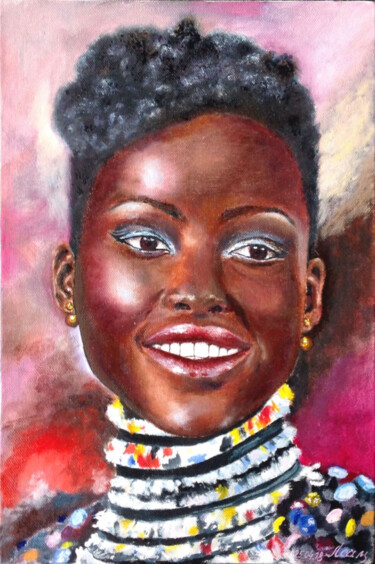 Peinture intitulée "African girl portra…" par Liubov Samoilova, Œuvre d'art originale, Huile Monté sur Autre panneau rigide