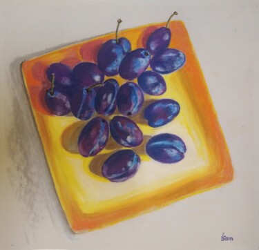 Schilderij getiteld "Blue plums on a yel…" door Liubov Samoilova, Origineel Kunstwerk, Pastel
