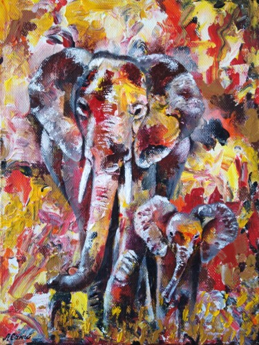 Pittura intitolato "Mom elephant and ba…" da Liubov Samoilova, Opera d'arte originale, Acrilico Montato su Telaio per barell…