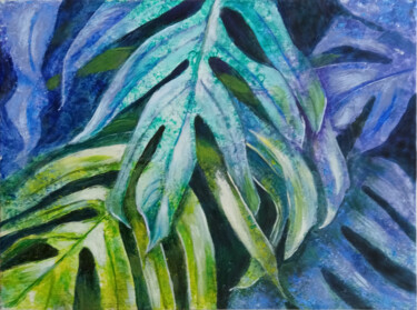 Painting titled "Monster green leaves" by Liubov Samoilova, Original Artwork, Acrylic Mounted on Wood Stretcher frame
