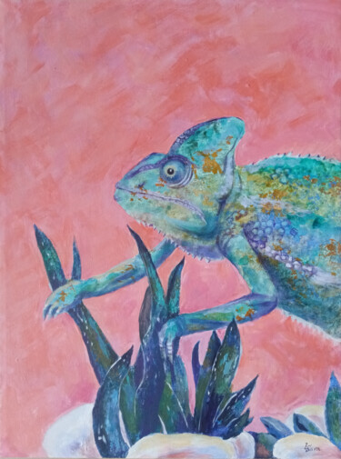Painting titled "Green chameleon on…" by Liubov Samoilova, Original Artwork, Acrylic Mounted on Wood Stretcher frame