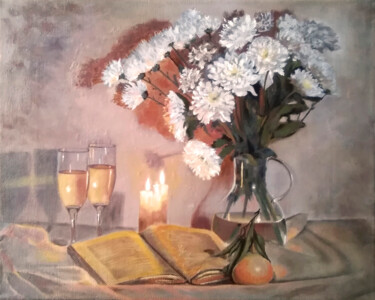 Painting titled "Chrysanthemums in c…" by Liubov Samoilova, Original Artwork, Oil Mounted on Wood Stretcher frame