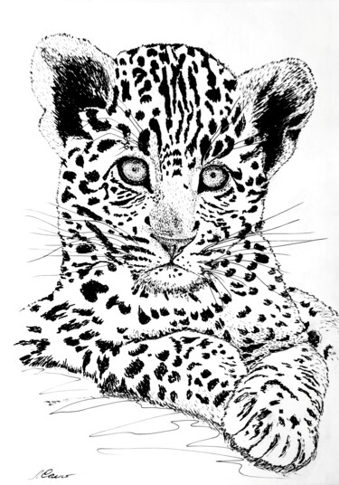 Peinture intitulée "Leopard cub" par Liubov Samoilova, Œuvre d'art originale, Encre