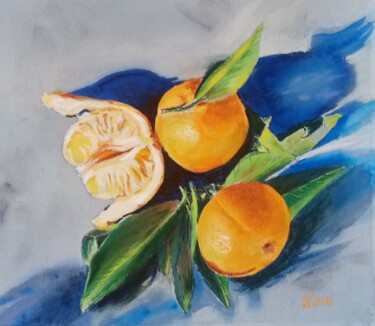 Malerei mit dem Titel "Three tangerines on…" von Liubov Samoilova, Original-Kunstwerk, Pastell