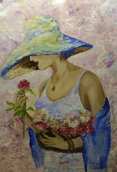 Schilderij getiteld ""Дама в шляпе с кор…" door Liubov Usova, Origineel Kunstwerk, Olie