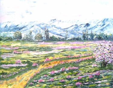 Pintura titulada ""Цветение в горах"" por Liubov Usova, Obra de arte original, Oleo Montado en Bastidor de camilla de madera