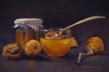 Painting titled "Japanese plum jam" by Luc Bernay, Original Artwork, Oil Mounted on Wood Panel