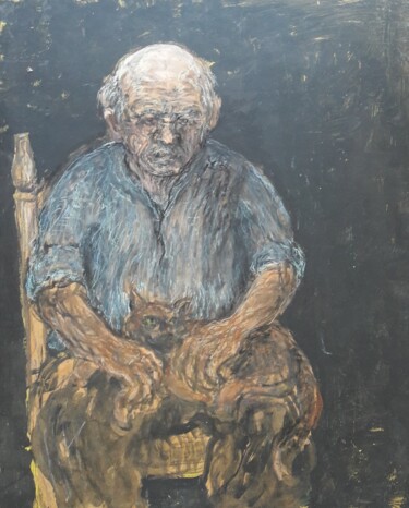 Schilderij getiteld "Oude Man met Kat" door Luc Devondel, Origineel Kunstwerk, Olie