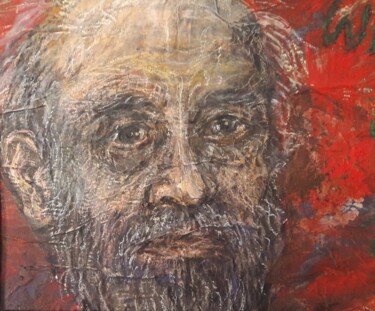 Schilderij getiteld "Zelfportret in rood" door Luc Devondel, Origineel Kunstwerk, Krijt