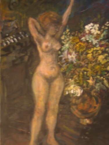 Painting titled "Naakt met bloemen" by Luc Devondel, Original Artwork, Oil