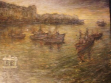 Schilderij getiteld "Zicht op haven in N…" door Luc Devondel, Origineel Kunstwerk, Olie