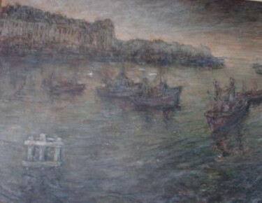 Schilderij getiteld "Zicht haven Nieuwpo…" door Luc Devondel, Origineel Kunstwerk, Olie