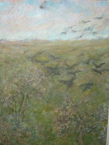 Painting titled "Kraaien in boomgaard" by Luc Devondel, Original Artwork, Chalk