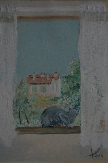 Peinture intitulée "Le chat sur la fenê…" par Luc Huber, Œuvre d'art originale
